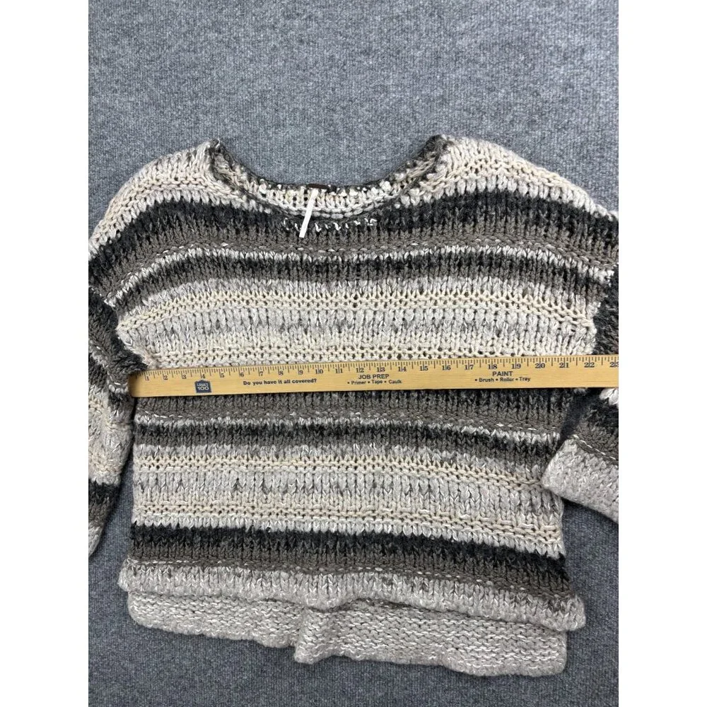 Free People Cream and Gray Striped Knit Scoop Neck Sweater